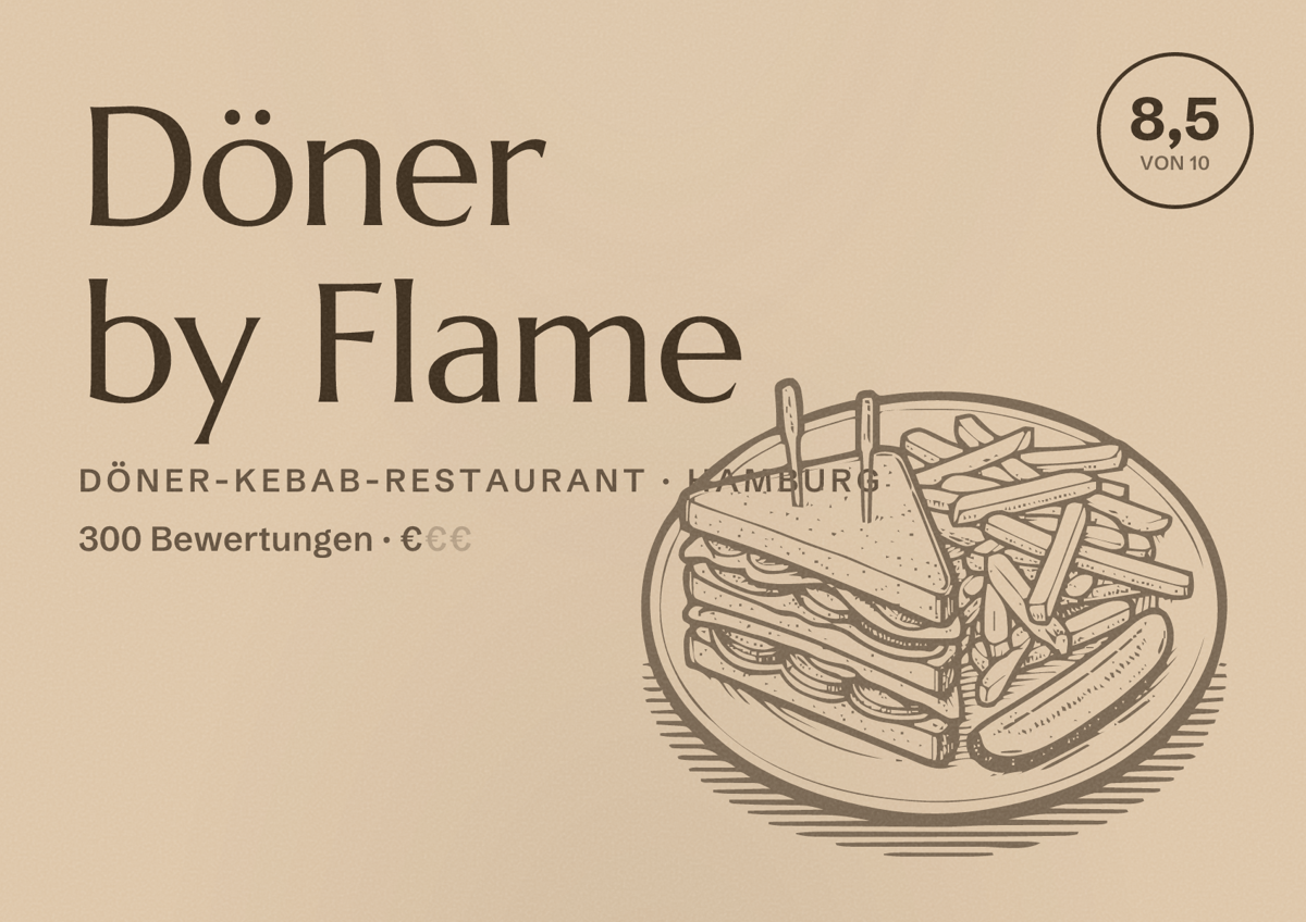 Illustriertes Poster von Döner by Flame, Döner-Kebab-Restaurant in Hamburg: Bewertung 8,5 von 10 aus 300 Bewertungen, Preisniveau €