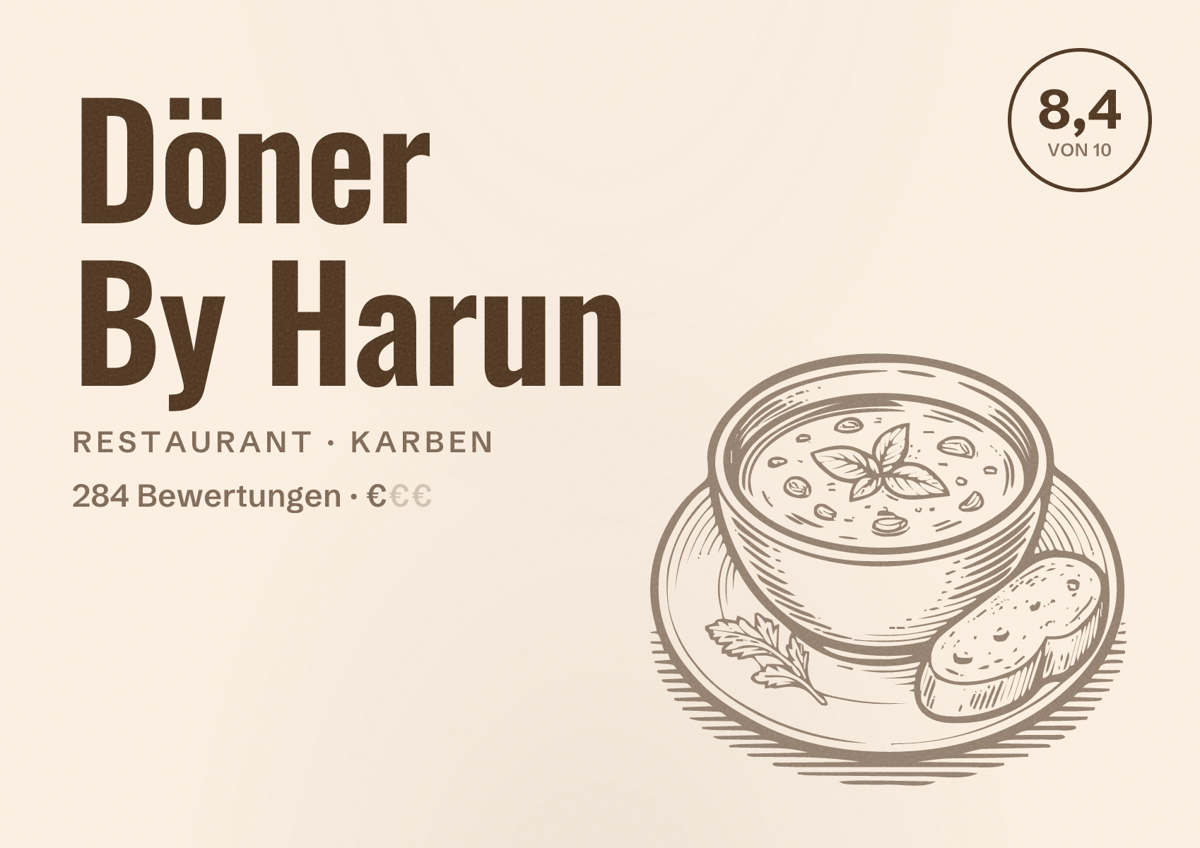 Illustriertes Poster von Döner By Harun, Restaurant in Karben: Bewertung 8,4 von 10 aus 284 Bewertungen, Preisniveau €