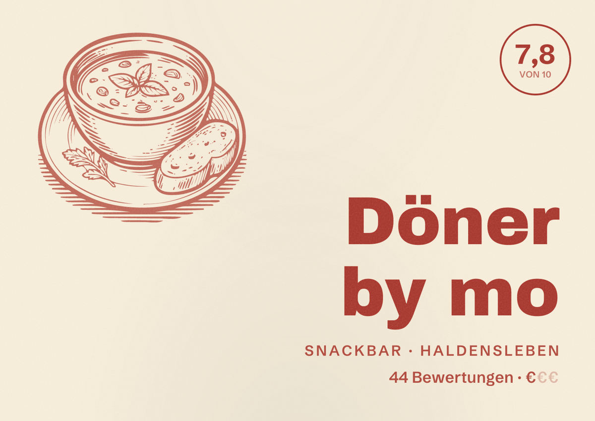 Illustriertes Poster von Döner by mo, Snackbar in Haldensleben: Bewertung 7,8 von 10 aus 44 Bewertungen, Preisniveau €