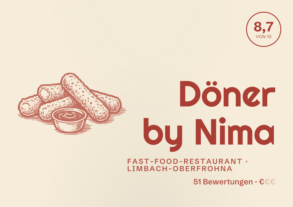 Illustriertes Poster von Döner by Nima, Fast-Food-Restaurant in Limbach-Oberfrohna: Bewertung 8,7 von 10 aus 51 Bewertungen, Preisniveau €