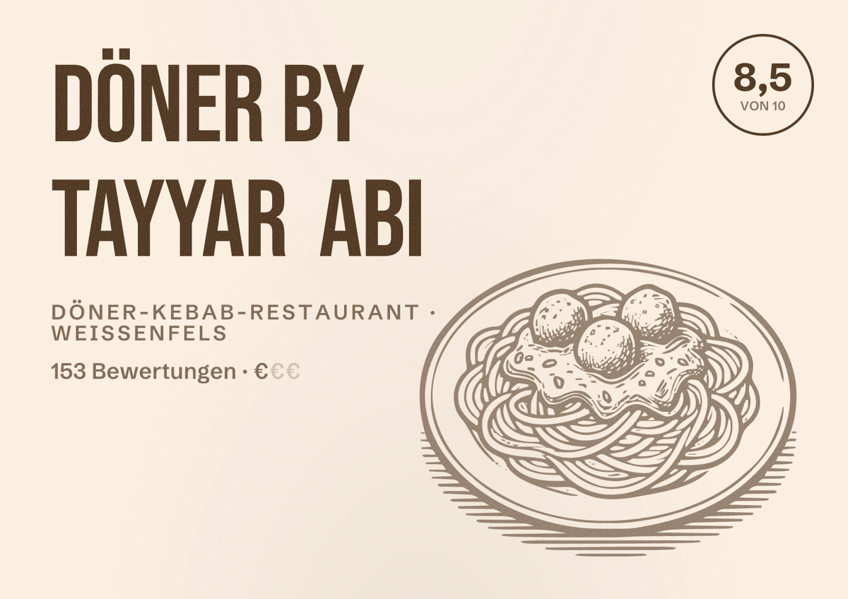 Illustriertes Poster von Döner By Tayyar Abi, Döner-Kebab-Restaurant in Weißenfels: Bewertung 8,5 von 10 aus 153 Bewertungen, Preisniveau €