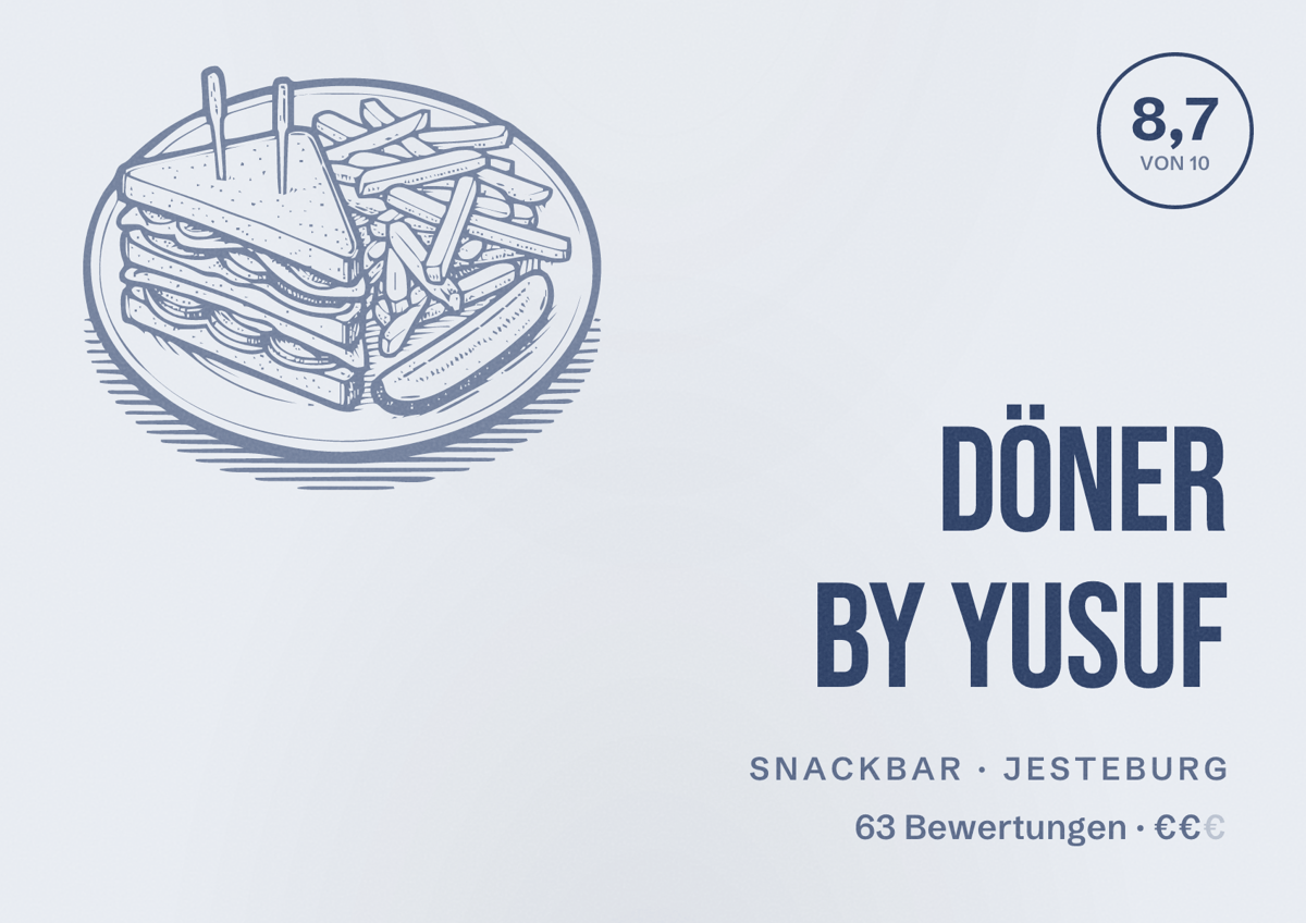 Illustriertes Poster von Döner by Yusuf, Snackbar in Jesteburg: Bewertung 8,7 von 10 aus 63 Bewertungen, Preisniveau €€