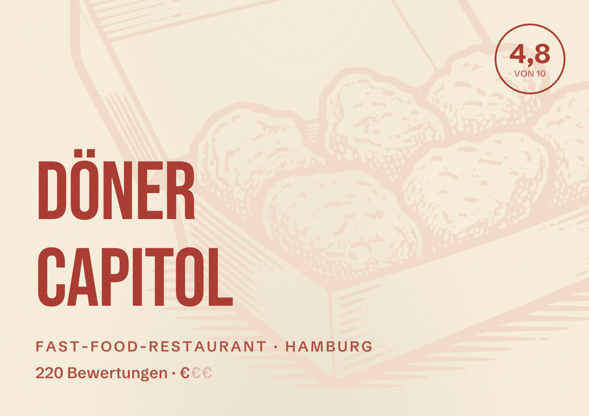 Illustriertes Poster von Döner Capitol, Fast-Food-Restaurant in Hamburg: Bewertung 4,8 von 10 aus 220 Bewertungen, Preisniveau €