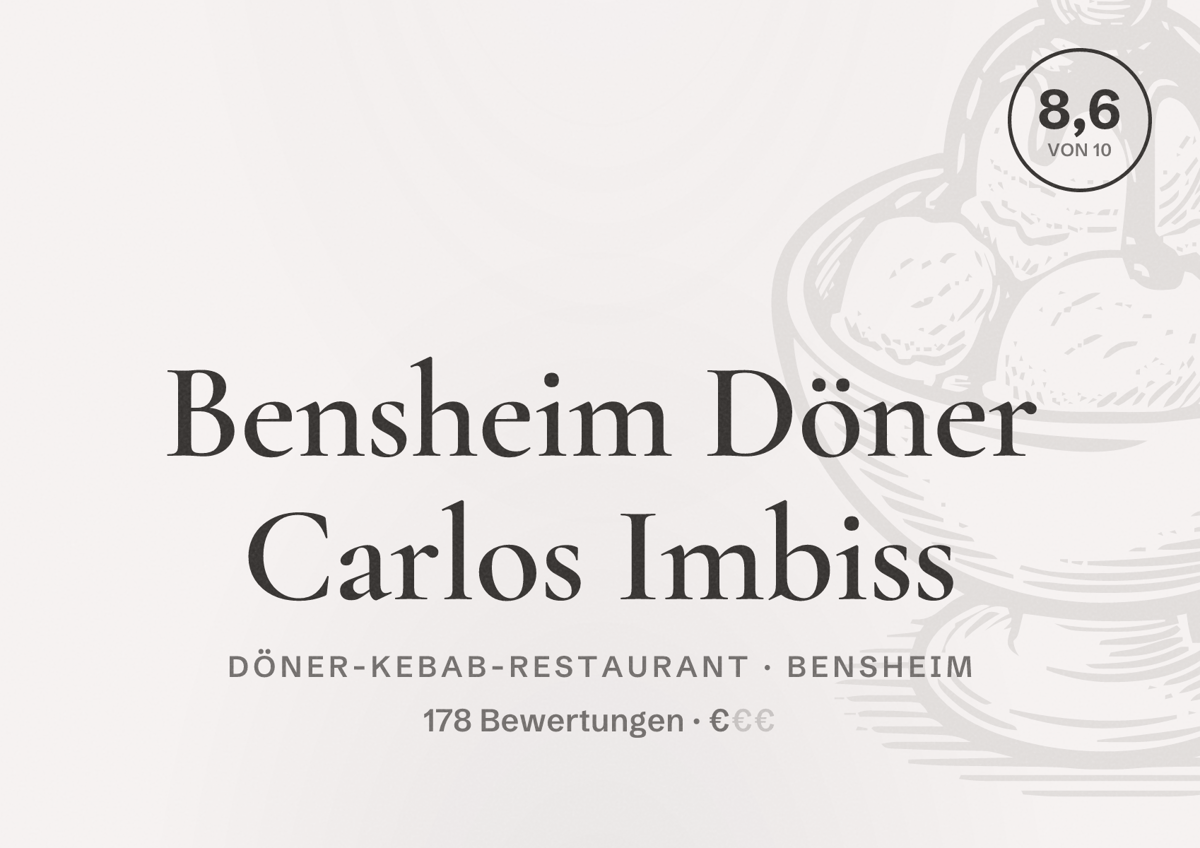 Illustriertes Poster von Bensheim Döner Carlos Imbiss, Döner-Kebab-Restaurant in Bensheim: Bewertung 8,6 von 10 aus 178 Bewertungen, Preisniveau €