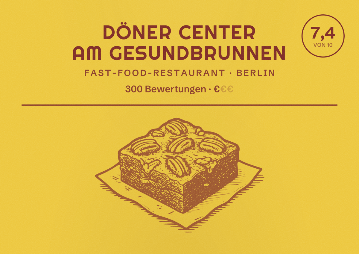 Illustriertes Poster von Döner Center am Gesundbrunnen, Fast-Food-Restaurant in Berlin: Bewertung 7,4 von 10 aus 300 Bewertungen, Preisniveau €