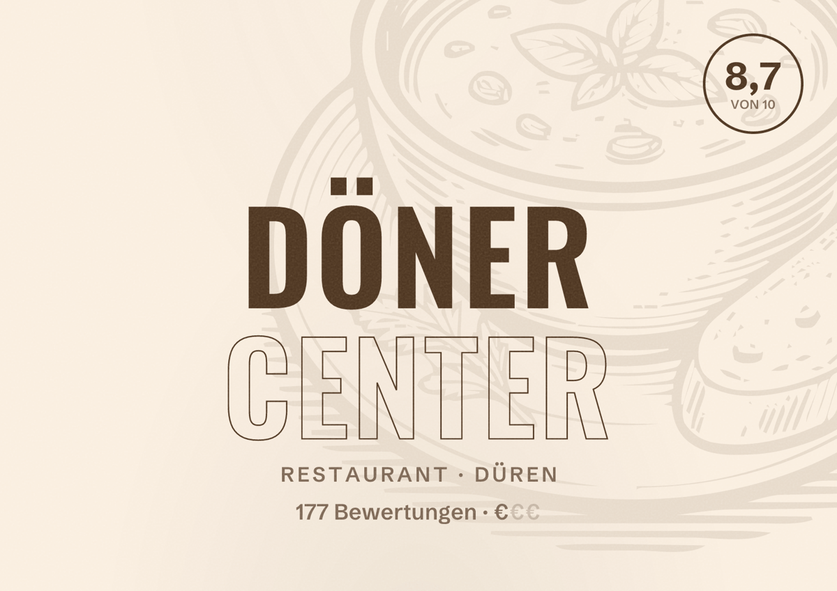 Illustriertes Poster von Döner Center, Restaurant in Düren: Bewertung 8,7 von 10 aus 177 Bewertungen, Preisniveau €