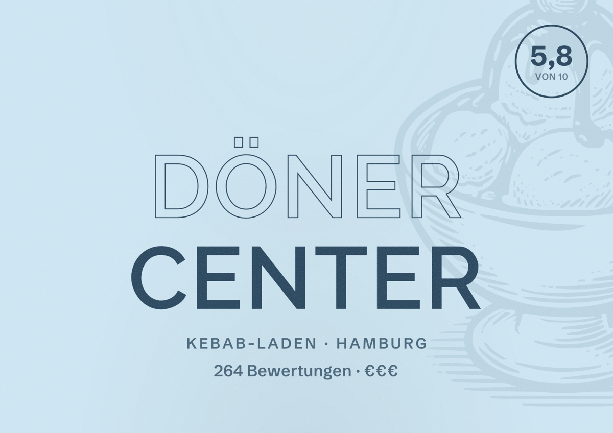 Illustriertes Poster von Döner Center, Kebab-Laden in Hamburg: Bewertung 5,8 von 10 aus 264 Bewertungen, Preisniveau €€€