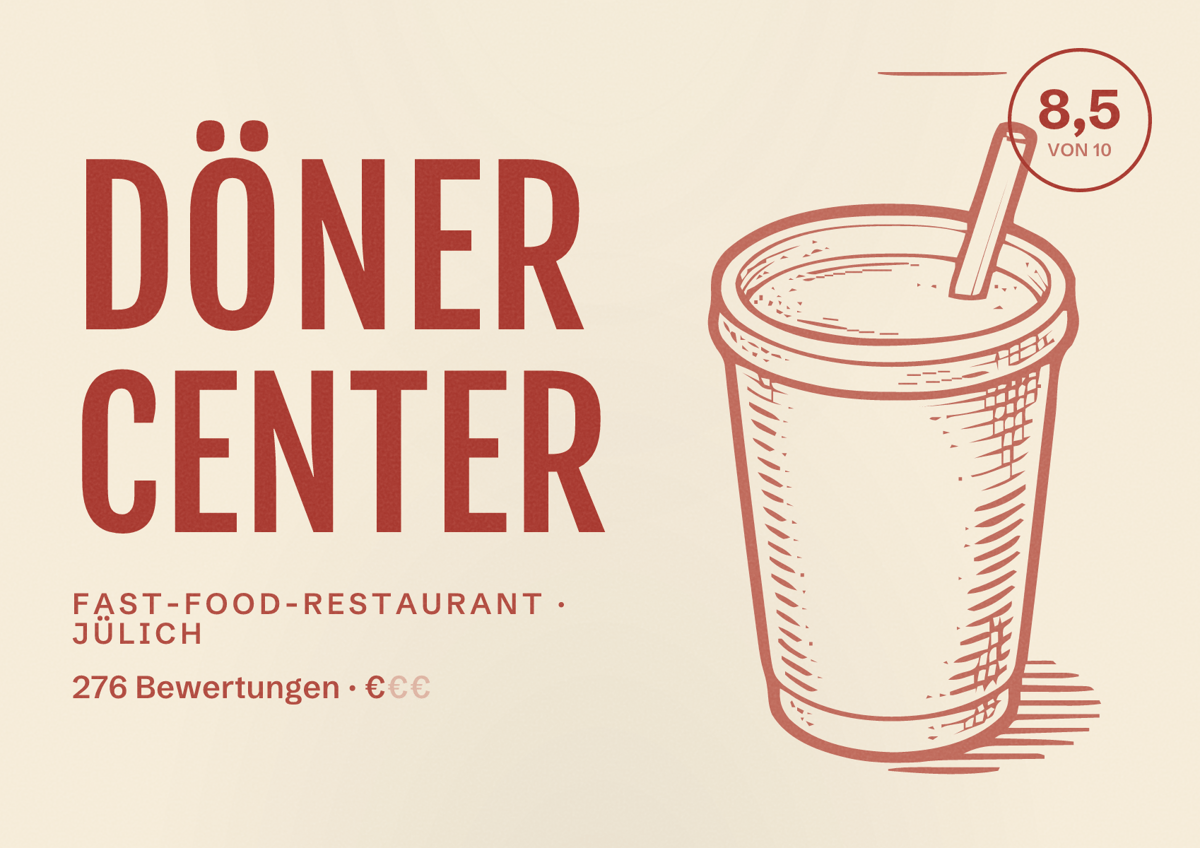 Illustriertes Poster von Döner Center, Fast-Food-Restaurant in Jülich: Bewertung 8,5 von 10 aus 276 Bewertungen, Preisniveau €