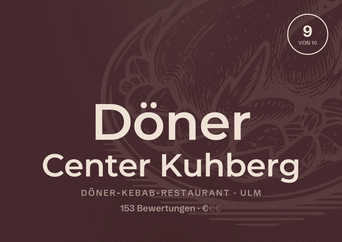 Illustriertes Poster von Döner Center Kuhberg, Döner-Kebab-Restaurant in Ulm: Bewertung 9 von 10 aus 153 Bewertungen, Preisniveau €