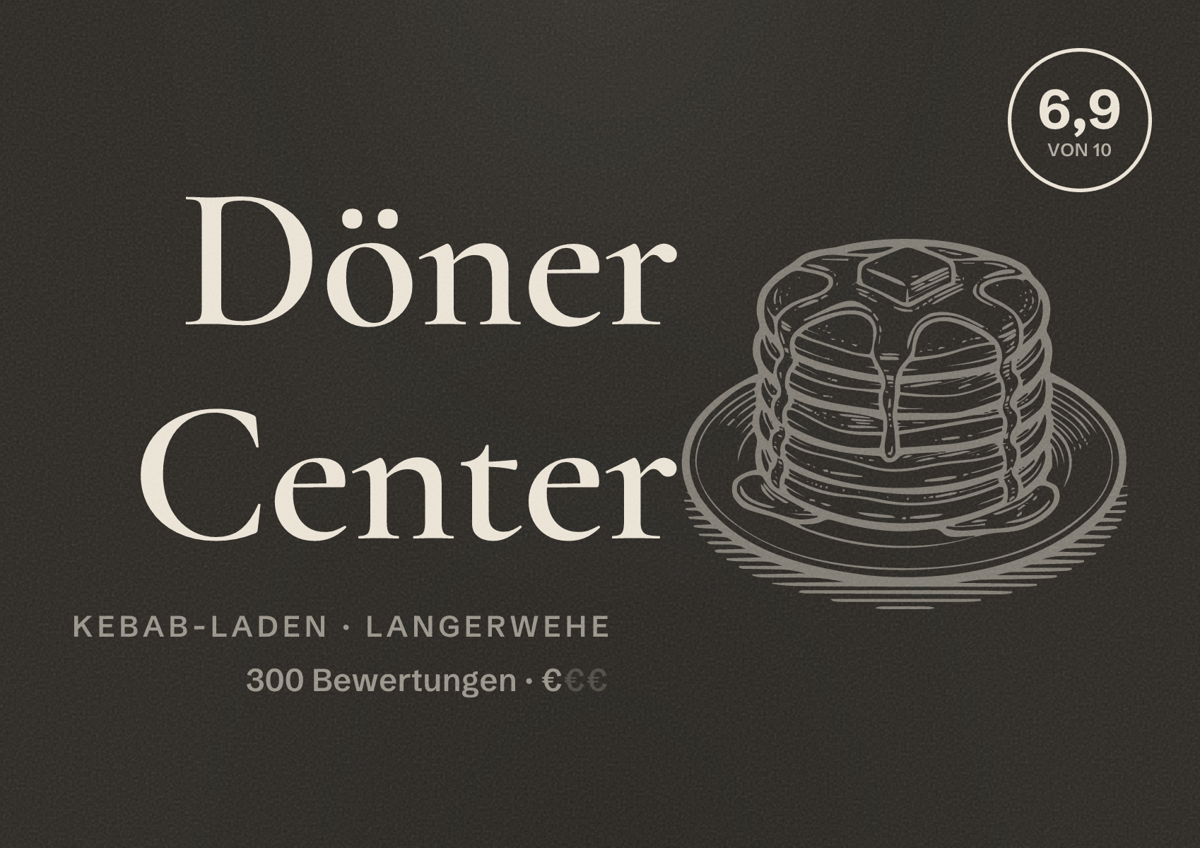 Illustriertes Poster von Döner Center, Kebab-Laden in Langerwehe: Bewertung 6,9 von 10 aus 300 Bewertungen, Preisniveau €