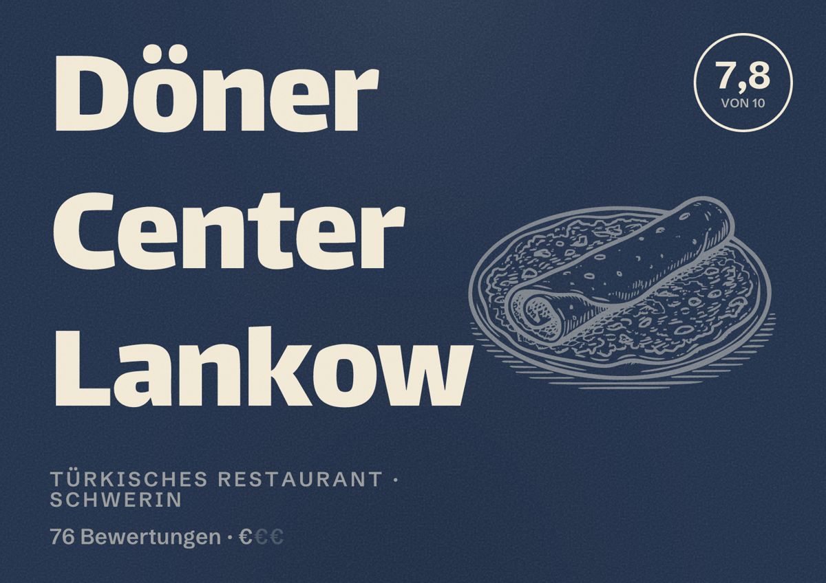 Illustriertes Poster von Döner Center Lankow, Türkisches Restaurant in Schwerin: Bewertung 7,8 von 10 aus 76 Bewertungen, Preisniveau €