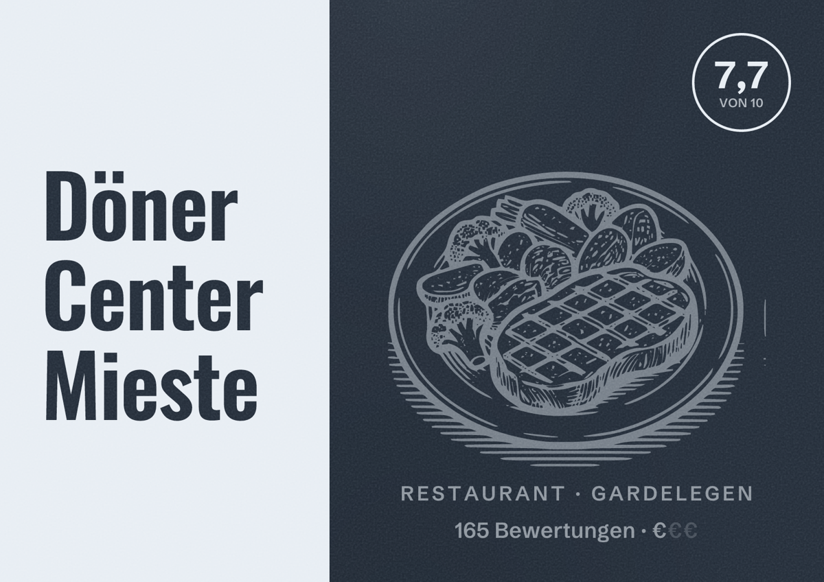 Illustriertes Poster von Döner Center Mieste, Restaurant in Gardelegen: Bewertung 7,7 von 10 aus 165 Bewertungen, Preisniveau €