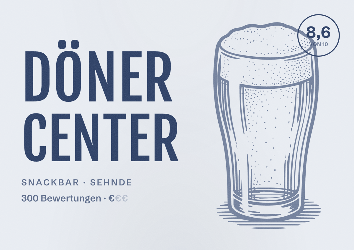 Illustriertes Poster von DÖNER CENTER, Snackbar in Sehnde: Bewertung 8,6 von 10 aus 300 Bewertungen, Preisniveau €