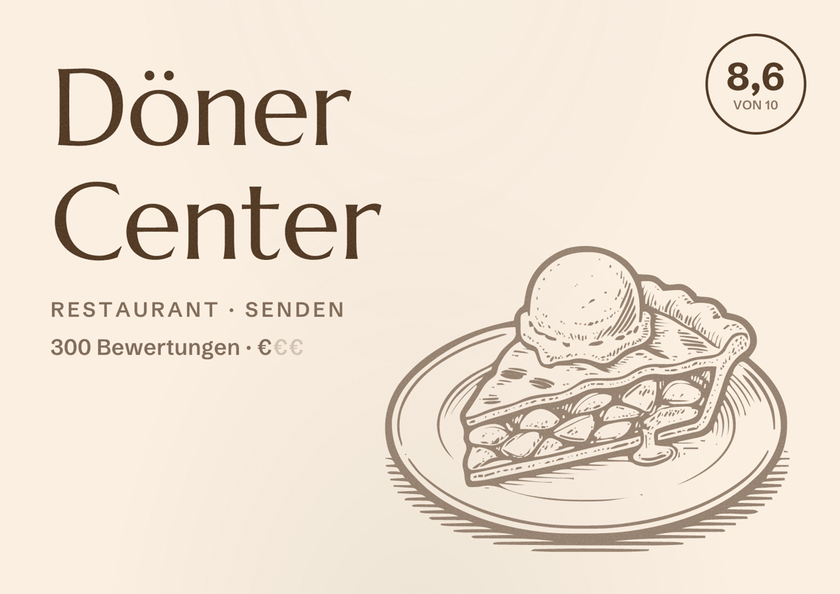 Illustriertes Poster von Döner Center, Restaurant in Senden: Bewertung 8,6 von 10 aus 300 Bewertungen, Preisniveau €