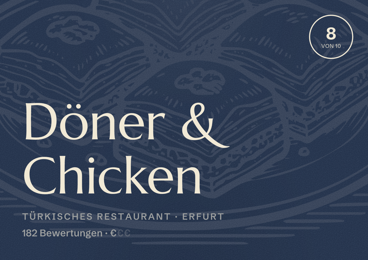 Illustriertes Poster von Döner & Chicken, Türkisches Restaurant in Erfurt: Bewertung 8,0 von 10 aus 182 Bewertungen, Preisniveau €