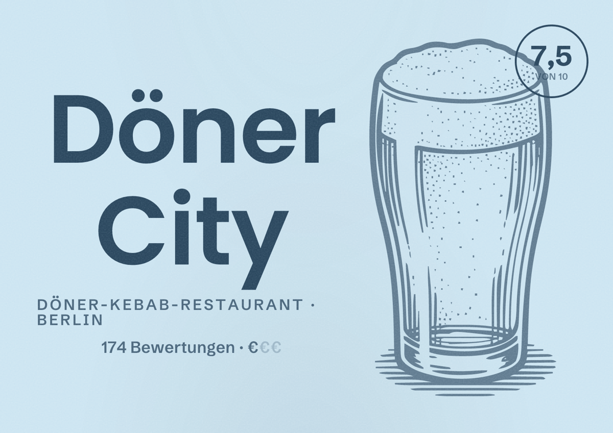 Illustriertes Poster von Döner City, Döner-Kebab-Restaurant in Berlin: Bewertung 7,5 von 10 aus 174 Bewertungen, Preisniveau €