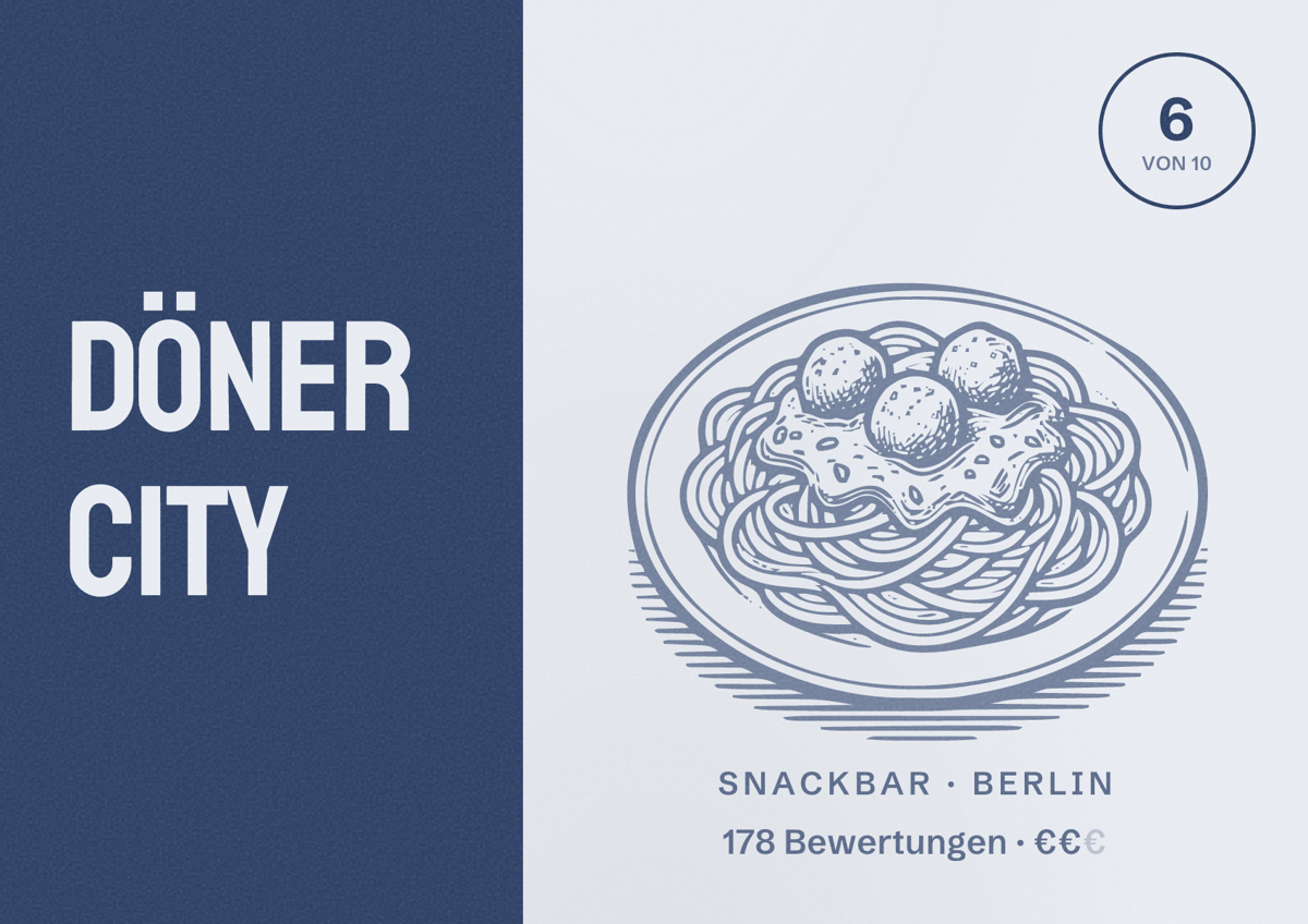 Illustriertes Poster von Döner City, Snackbar in Berlin: Bewertung 6,0 von 10 aus 178 Bewertungen, Preisniveau €€