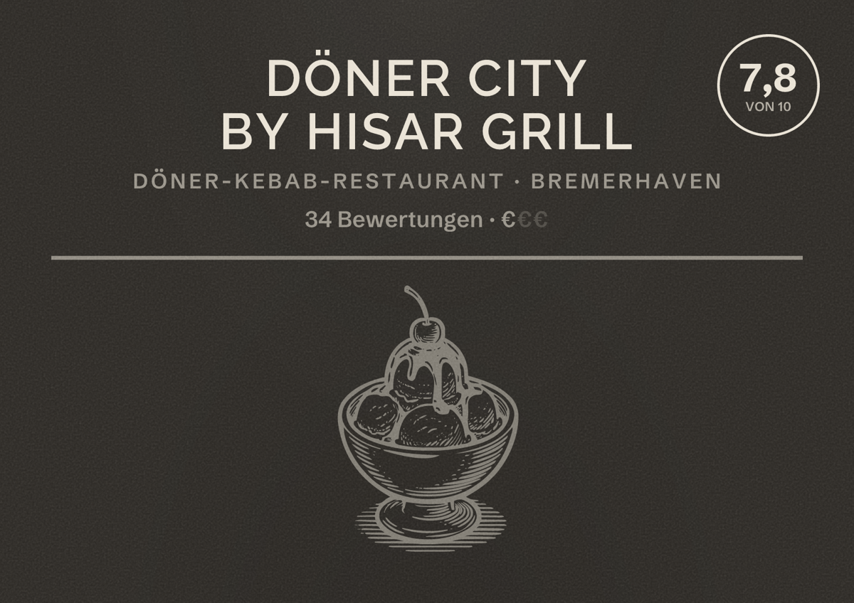 Illustriertes Poster von Döner City by Hisar Grill, Döner-Kebab-Restaurant in Bremerhaven: Bewertung 7,8 von 10 aus 34 Bewertungen, Preisniveau €