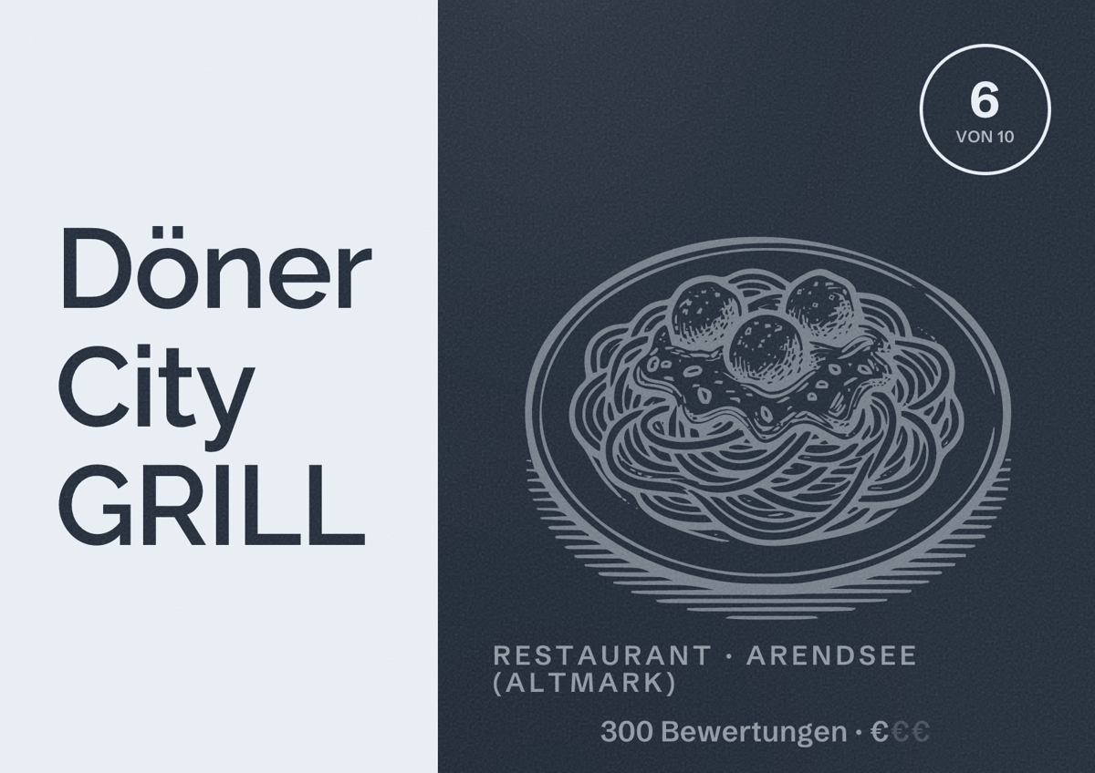 Illustriertes Poster von Döner City GRILL, Restaurant in Arendsee (Altmark): Bewertung 6 von 10 aus 300 Bewertungen, Preisniveau €