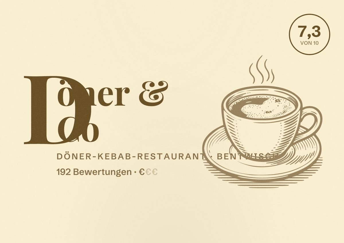 Illustriertes Poster von Döner & Co, Döner-Kebab-Restaurant in Bentwisch: Bewertung 7,3 von 10 aus 192 Bewertungen, Preisniveau €