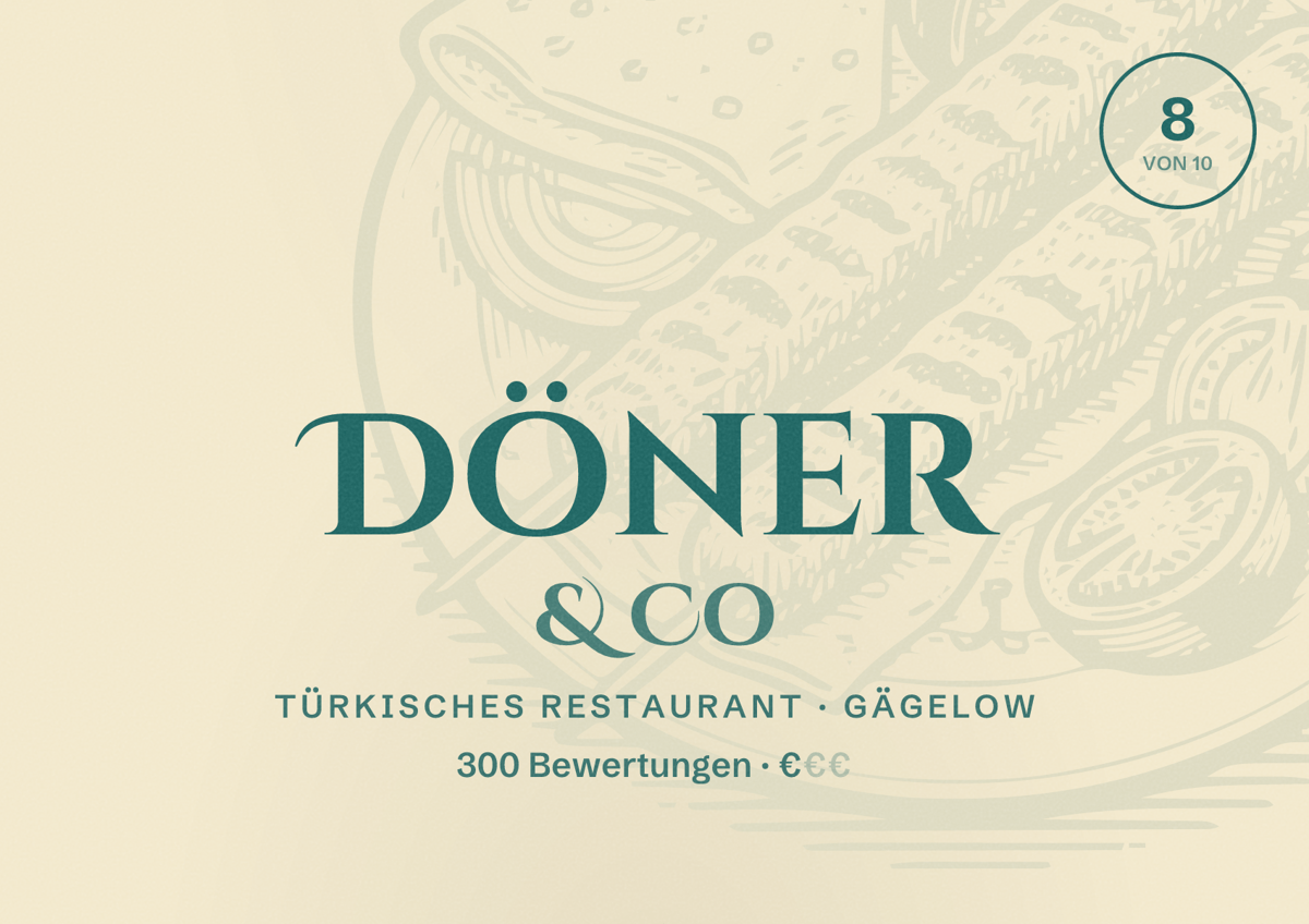 Illustriertes Poster von Döner & Co, Türkisches Restaurant in Gägelow: Bewertung 8 von 10 aus 300 Bewertungen, Preisniveau €