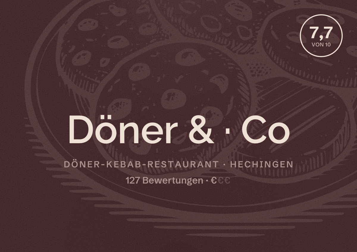 Illustriertes Poster von Döner & Co, Döner-Kebab-Restaurant in Hechingen: Bewertung 7,7 von 10 aus 127 Bewertungen, Preisniveau €