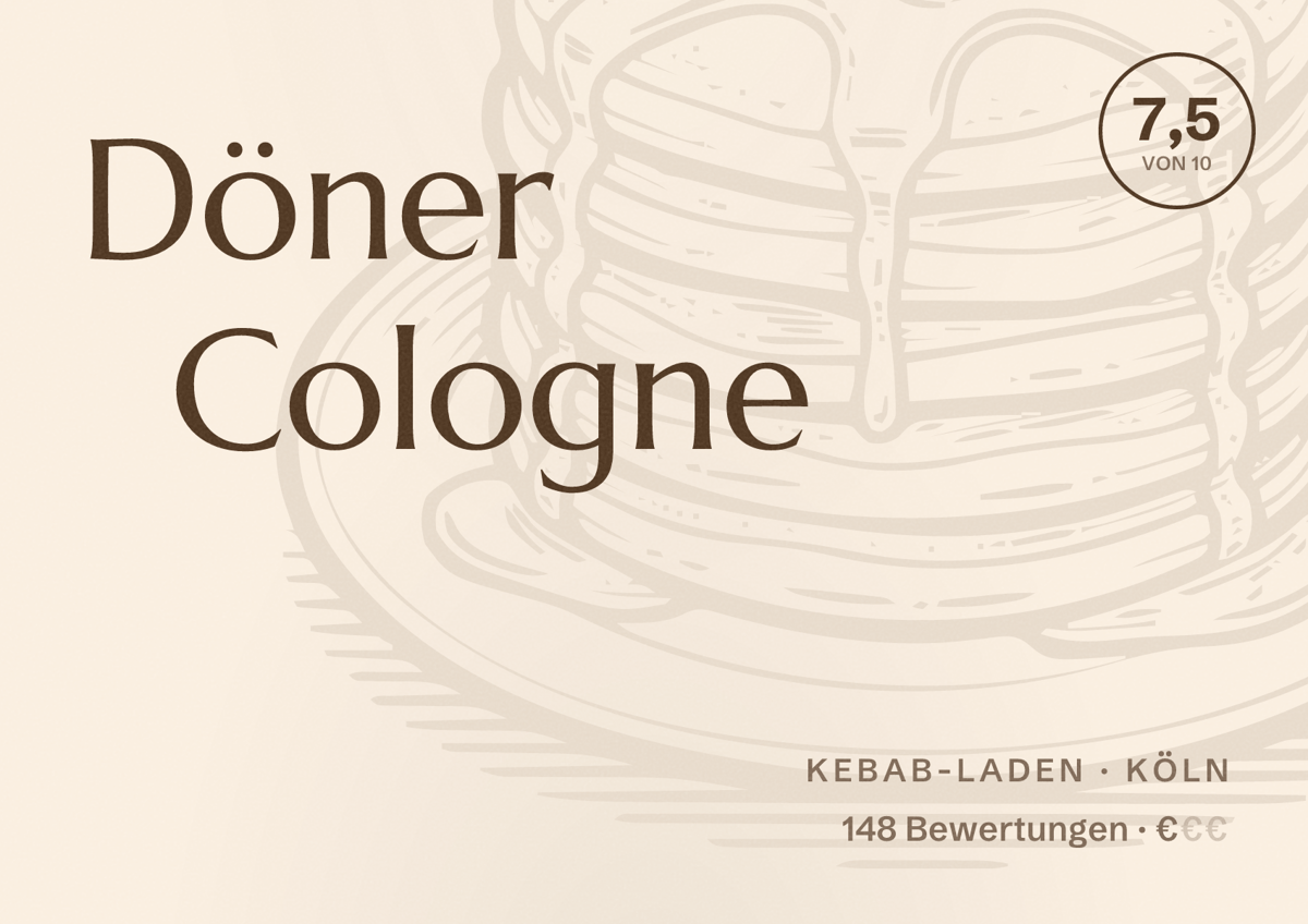 Illustriertes Poster von Döner Cologne, Kebab-Laden in Köln: Bewertung 7,5 von 10 aus 148 Bewertungen, Preisniveau €