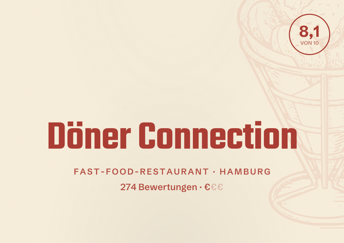 Illustriertes Poster von Döner Connection, Fast-Food-Restaurant in Hamburg: Bewertung 8,1 von 10 aus 274 Bewertungen, Preisniveau €