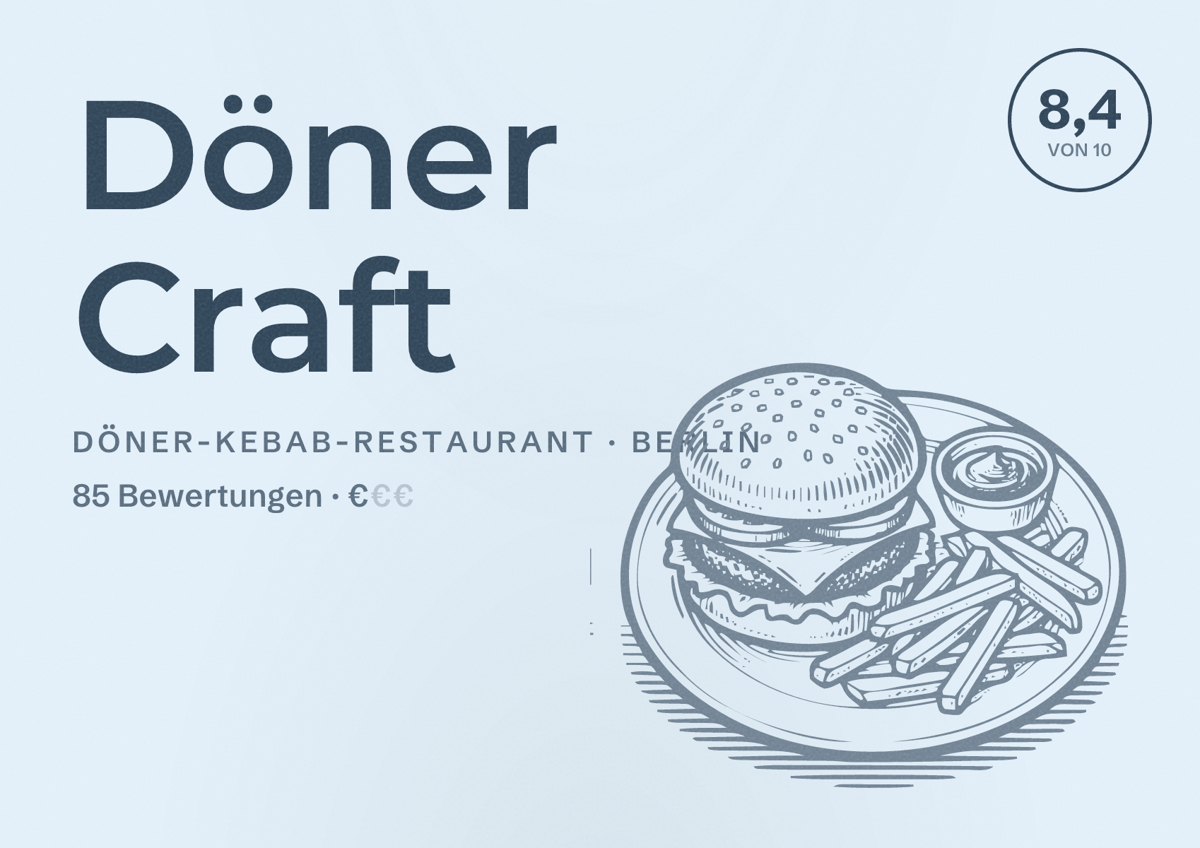 Illustriertes Poster von Döner Craft, Döner-Kebab-Restaurant in Berlin: Bewertung 8,4 von 10 aus 85 Bewertungen, Preisniveau €