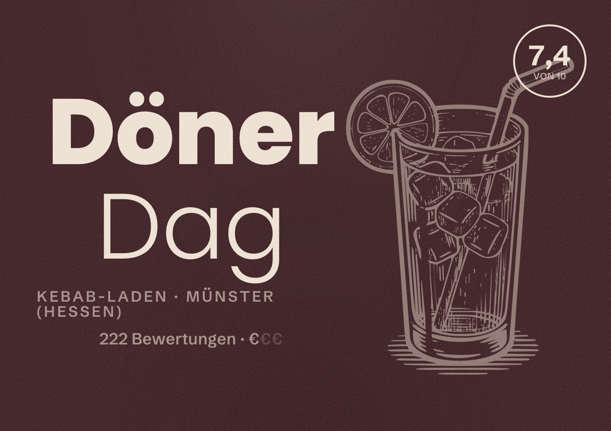 Illustriertes Poster von Döner Dag, Kebab-Laden in Münster (Hessen): Bewertung 7,4 von 10 aus 222 Bewertungen, Preisniveau €