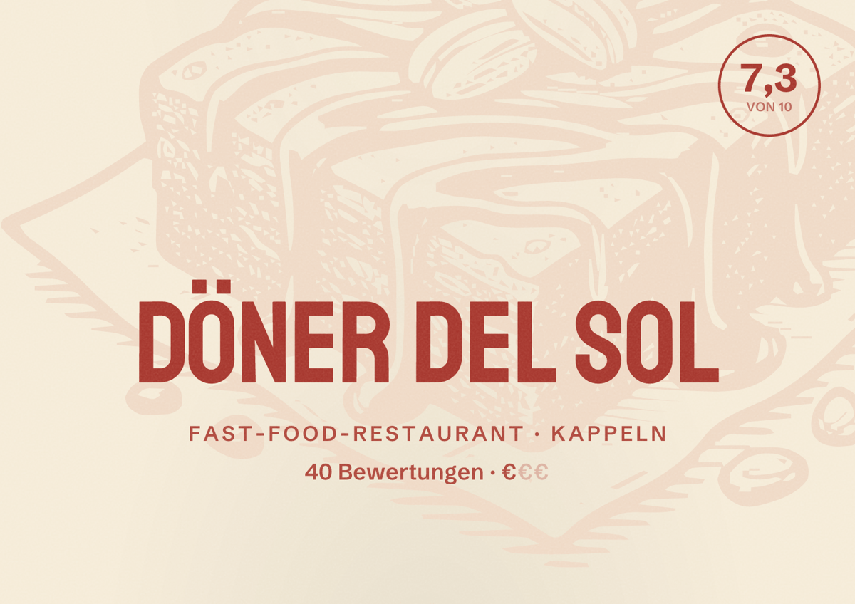 Illustriertes Poster von Döner del Sol, Fast-Food-Restaurant in Kappeln: Bewertung 7,3 von 10 aus 40 Bewertungen, Preisniveau €