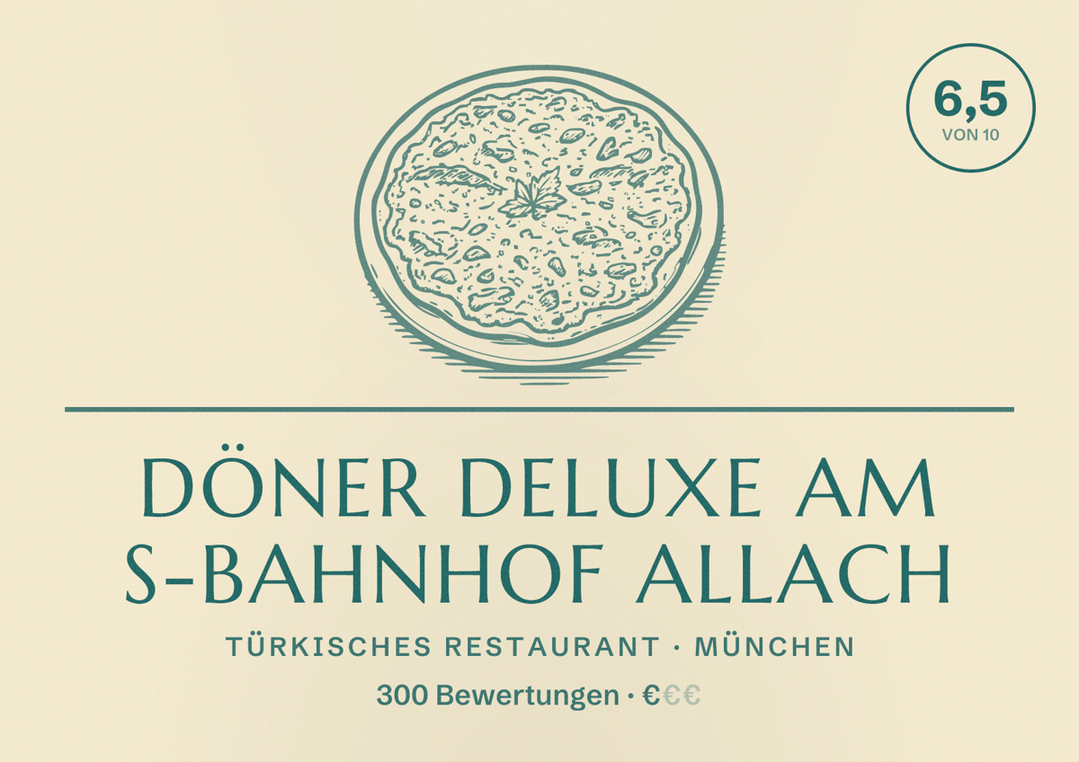 Illustriertes Poster von Döner Deluxe am S-Bahnhof Allach, Türkisches Restaurant in München: Bewertung 6,5 von 10 aus 300 Bewertungen, Preisniveau €