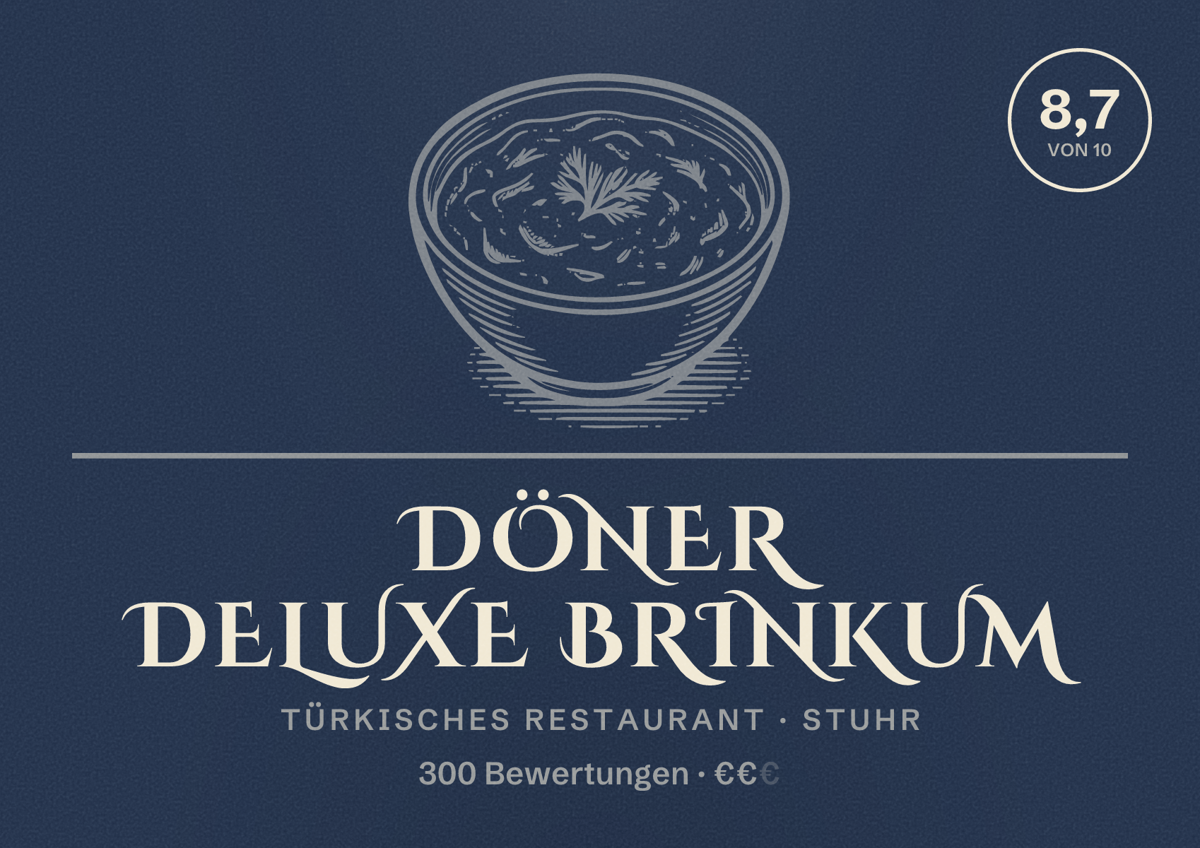 Illustriertes Poster von Döner Deluxe Brinkum, Türkisches Restaurant in Stuhr: Bewertung 8,7 von 10 aus 300 Bewertungen, Preisniveau €€