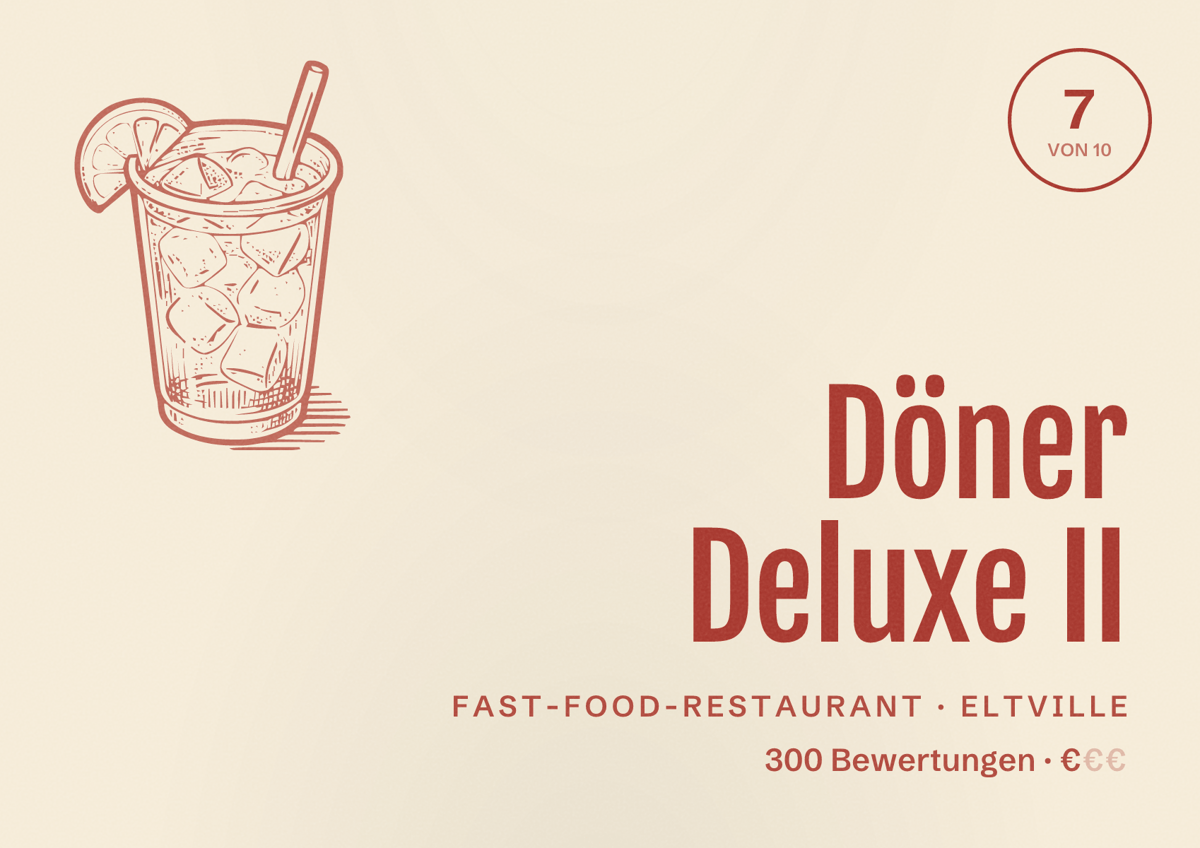 Illustriertes Poster von Döner Deluxe II, Fast-Food-Restaurant in Eltville: Bewertung 7 von 10 aus 300 Bewertungen, Preisniveau €