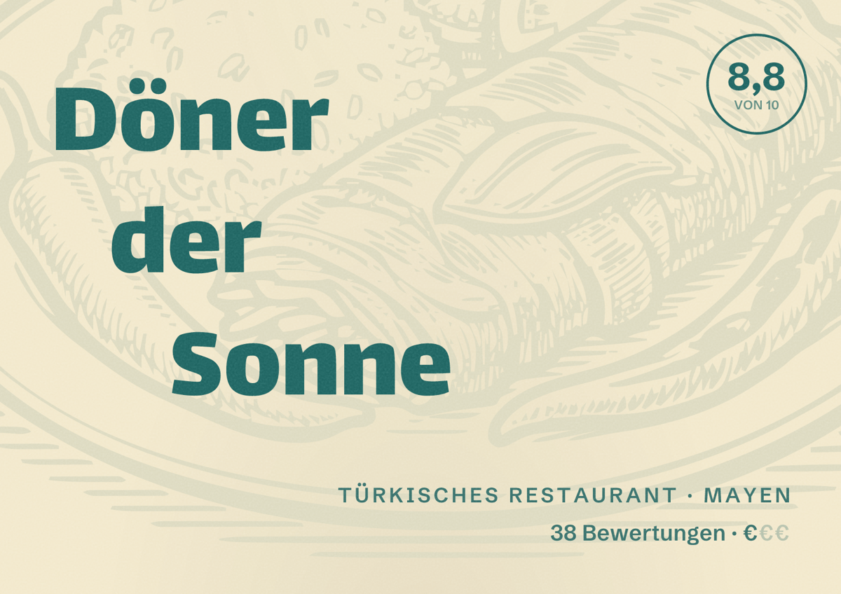 Illustriertes Poster von Döner der Sonne, Türkisches Restaurant in Mayen: Bewertung 8,8 von 10 aus 38 Bewertungen, Preisniveau €