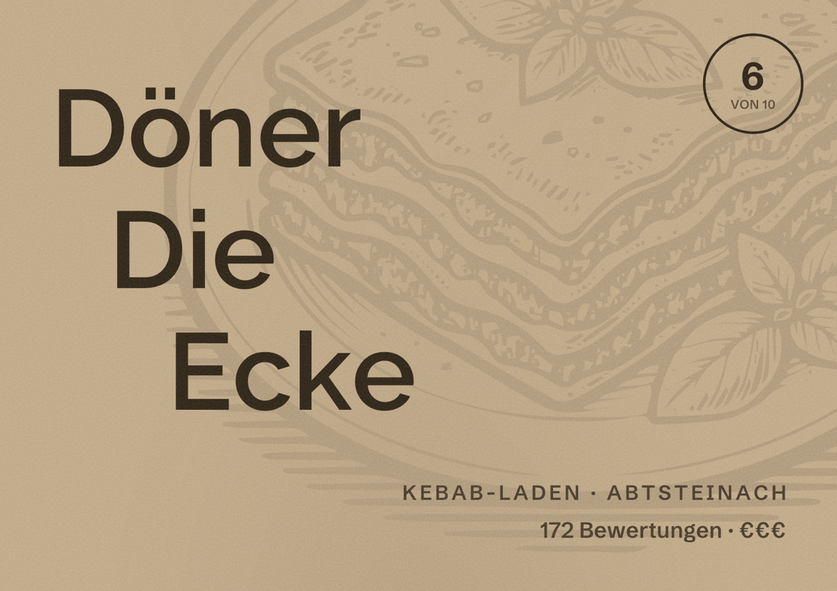 Illustriertes Poster von Döner Die Ecke, Kebab-Laden in Abtsteinach: Bewertung 6 von 10 aus 172 Bewertungen, Preisniveau €€€