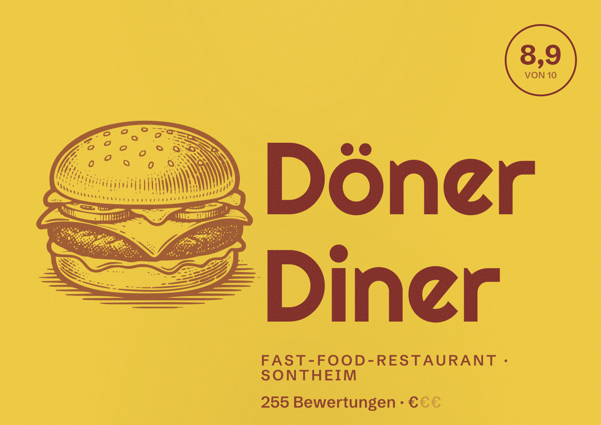 Illustriertes Poster von Döner Diner, Fast-Food-Restaurant in Sontheim: Bewertung 8,9 von 10 aus 255 Bewertungen, Preisniveau €