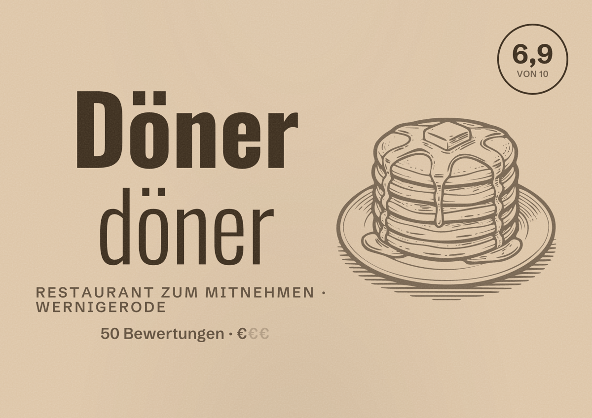 Illustriertes Poster von Döner döner, Restaurant zum Mitnehmen in Wernigerode: Bewertung 6,9 von 10 aus 50 Bewertungen, Preisniveau €