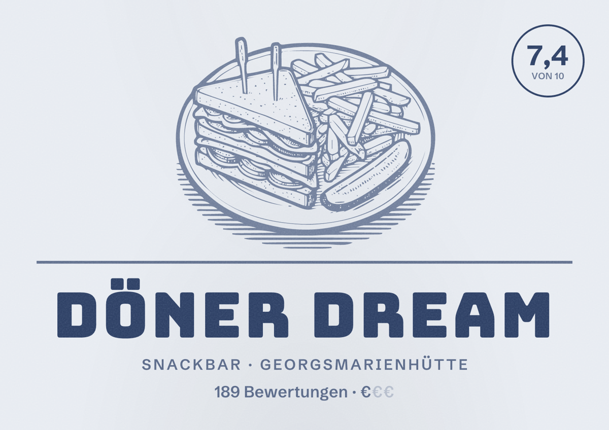 Illustriertes Poster von Döner Dream, Snackbar in Georgsmarienhütte: Bewertung 7,4 von 10 aus 189 Bewertungen, Preisniveau €