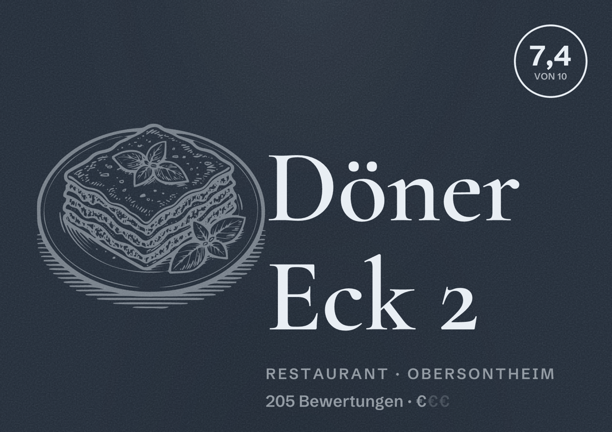 Illustriertes Poster von Döner Eck 2, Restaurant in Obersontheim: Bewertung 7,4 von 10 aus 205 Bewertungen, Preisniveau €