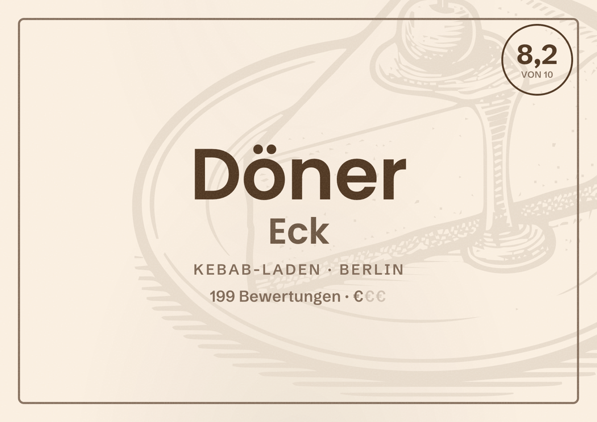 Illustriertes Poster von Döner Eck, Kebab-Laden in Berlin: Bewertung 8,2 von 10 aus 199 Bewertungen, Preisniveau €