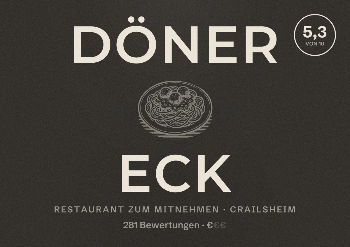 Illustriertes Poster von Döner Eck, Restaurant zum Mitnehmen in Crailsheim: Bewertung 5,3 von 10 aus 281 Bewertungen, Preisniveau €