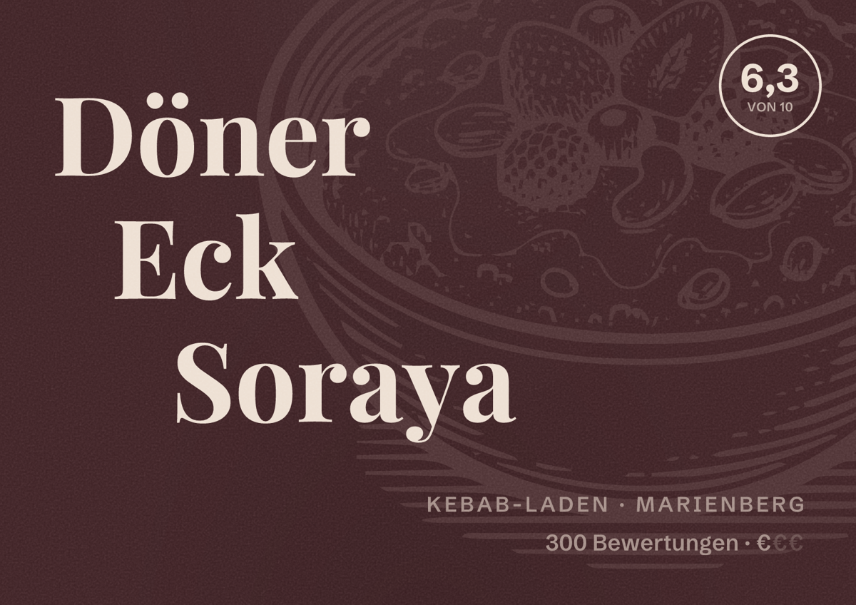 Illustriertes Poster von Döner Eck Soraya, Kebab-Laden in Marienberg: Bewertung 6,3 von 10 aus 300 Bewertungen, Preisniveau €
