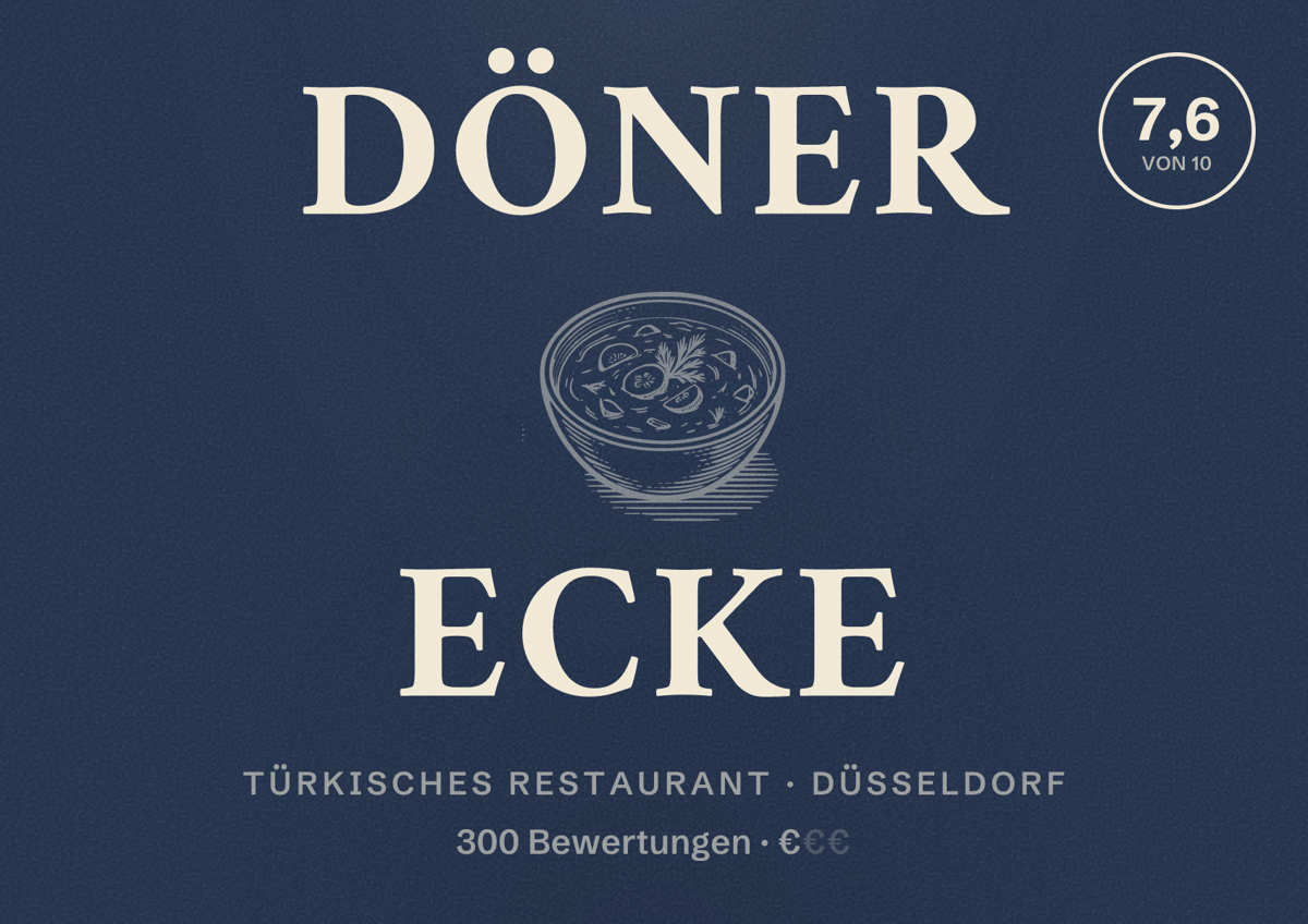 Illustriertes Poster von Döner Ecke, Türkisches Restaurant in Düsseldorf: Bewertung 7,6 von 10 aus 300 Bewertungen, Preisniveau €