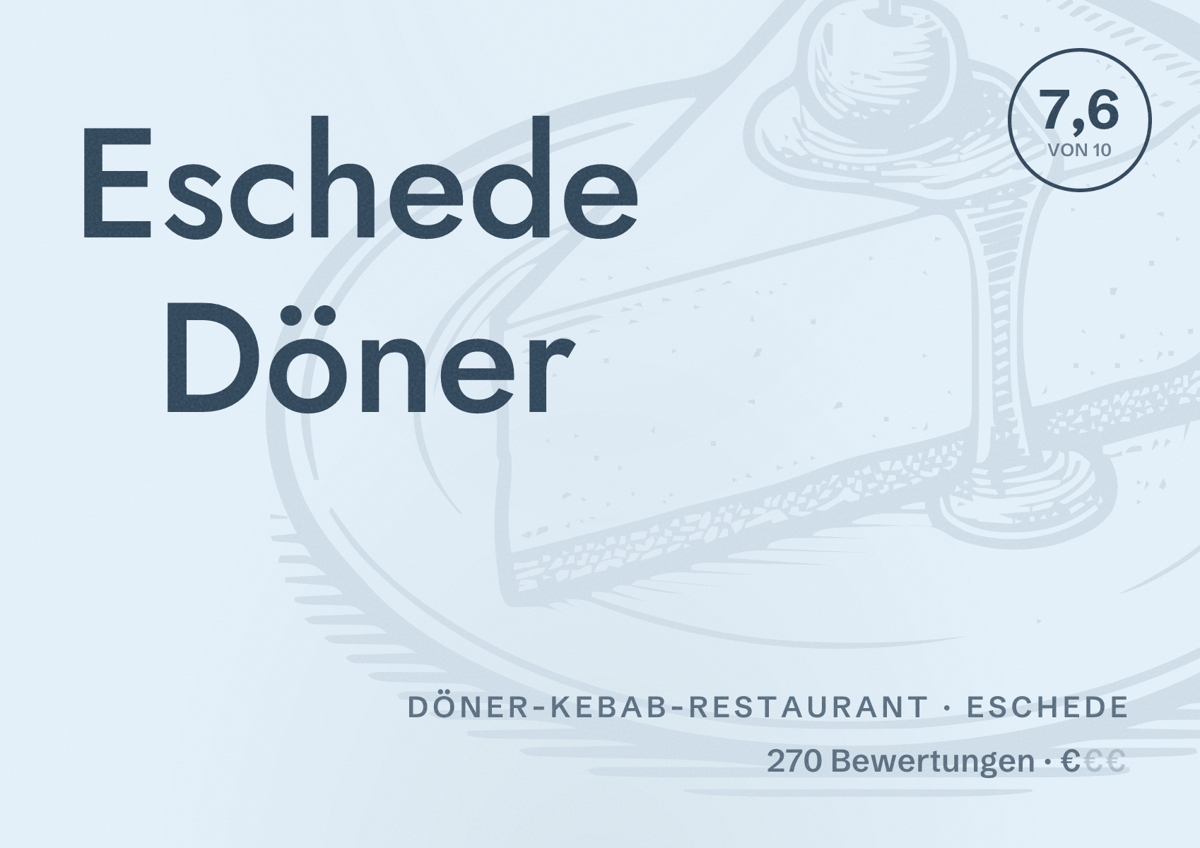 Illustriertes Poster von Eschede Döner, Döner-Kebab-Restaurant in Eschede: Bewertung 7,6 von 10 aus 270 Bewertungen, Preisniveau €