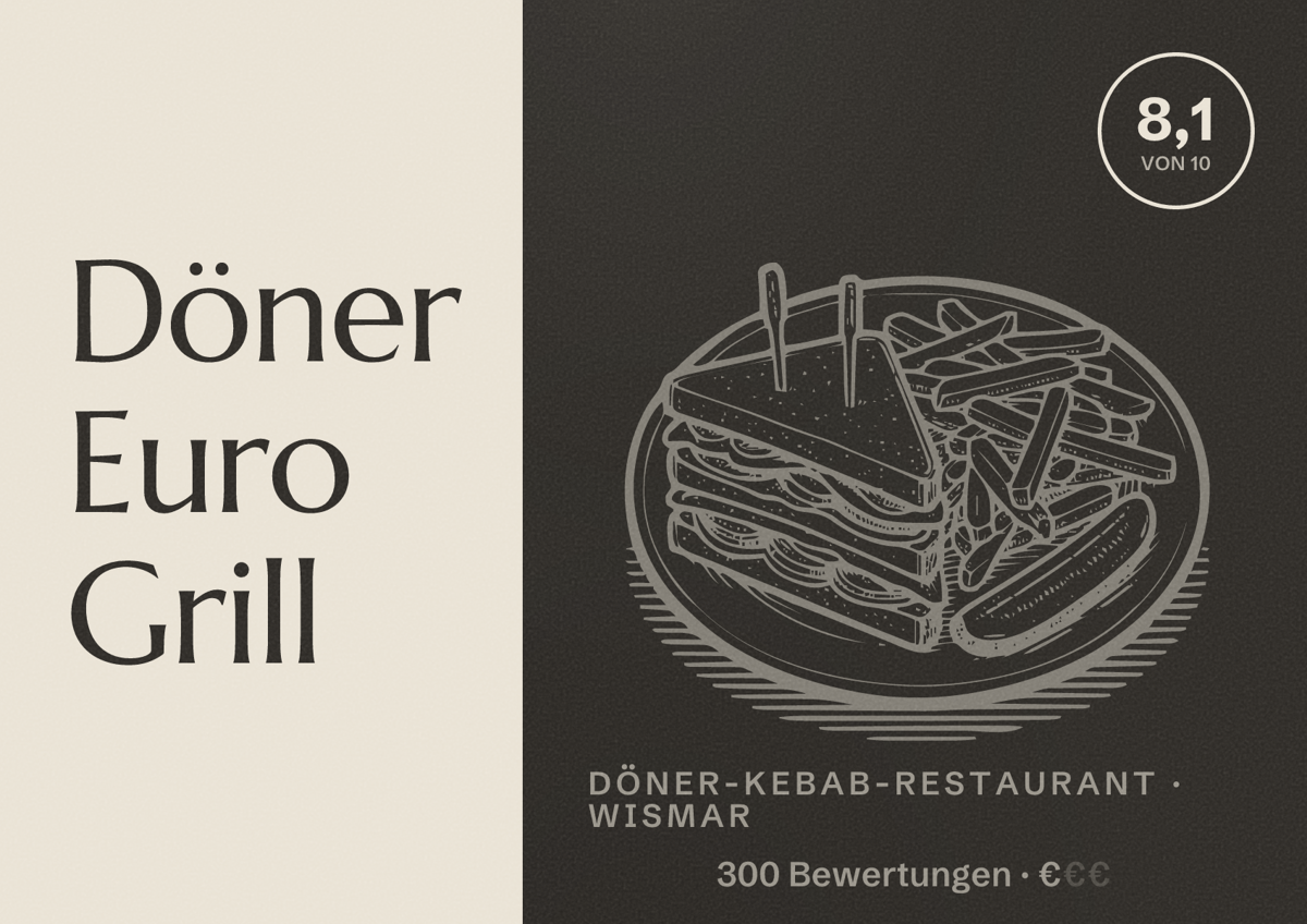 Illustriertes Poster von Döner Euro Grill, Döner-Kebab-Restaurant in Wismar: Bewertung 8,1 von 10 aus 300 Bewertungen, Preisniveau €