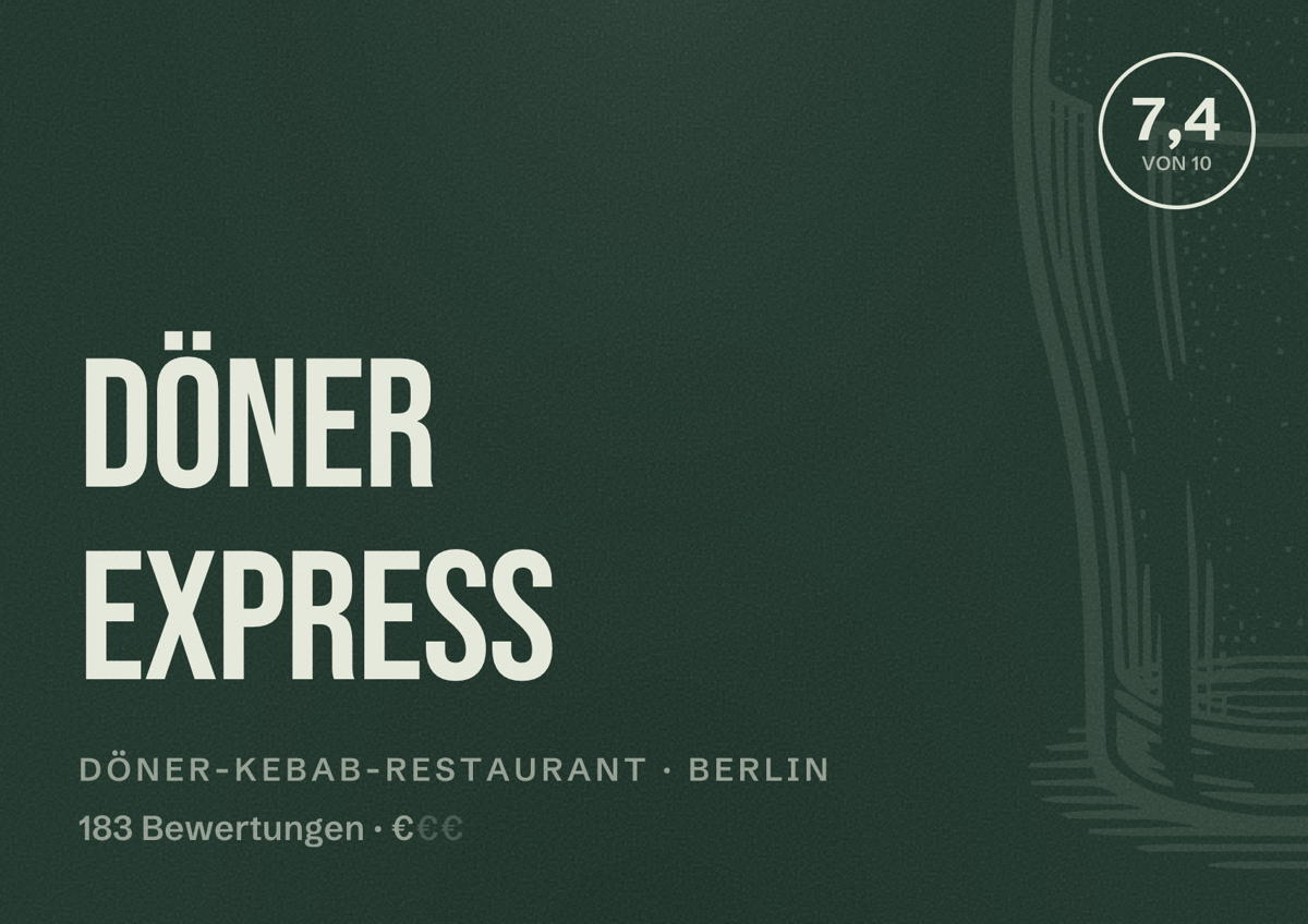 Illustriertes Poster von Döner Express, Döner-Kebab-Restaurant in Berlin: Bewertung 7,4 von 10 aus 183 Bewertungen, Preisniveau €