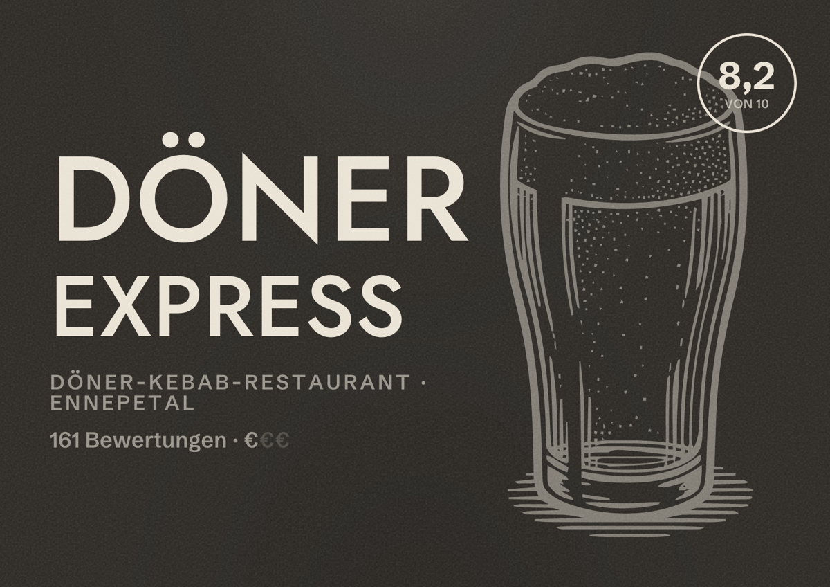 Illustriertes Poster von Döner Express, Döner-Kebab-Restaurant in Ennepetal: Bewertung 8,2 von 10 aus 161 Bewertungen, Preisniveau €