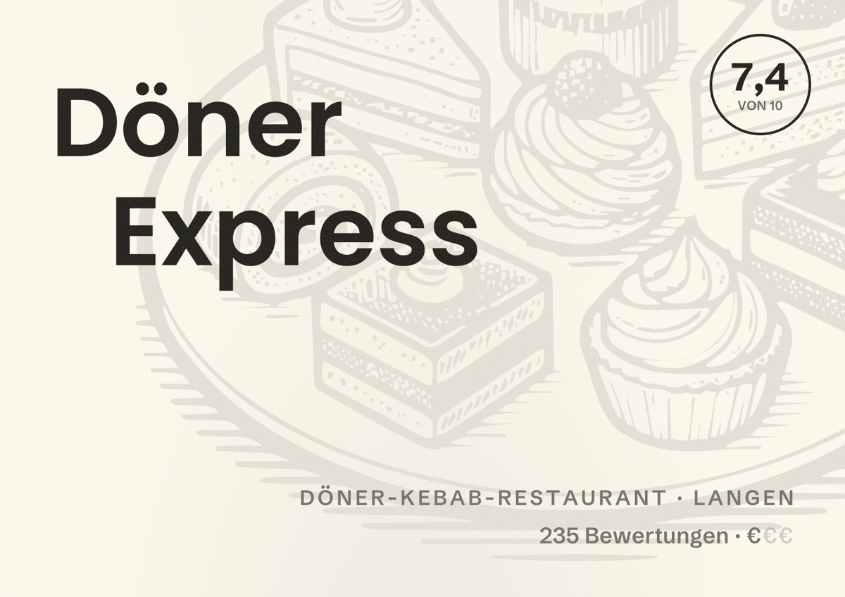 Illustriertes Poster von Döner Express, Döner-Kebab-Restaurant in Langen: Bewertung 7,4 von 10 aus 235 Bewertungen, Preisniveau €
