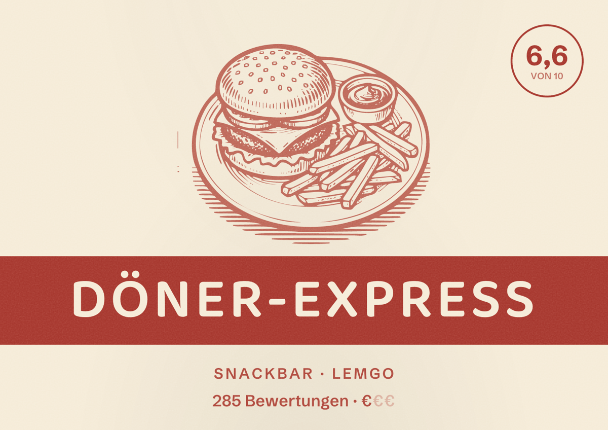 Illustriertes Poster von Döner-Express, Snackbar in Lemgo: Bewertung 6,6 von 10 aus 285 Bewertungen, Preisniveau €